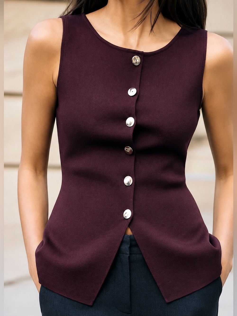 Zara Burgundy Knit Waistcoat Vest Top Gold Buttons Size Small